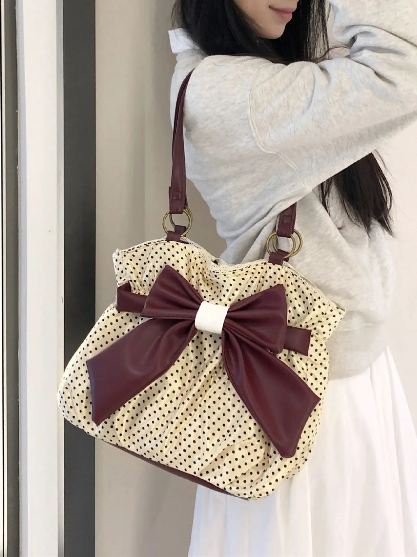 Trendy Fashion Large Capacity Polka Dot Bag with Bow Decor, Fashionable Patterned Bag, Handheld Shoulder Bag, Handbag Shoulder Purse, Stylish Women’s Accessory, PU Leather Bag Perfect for Daily Use