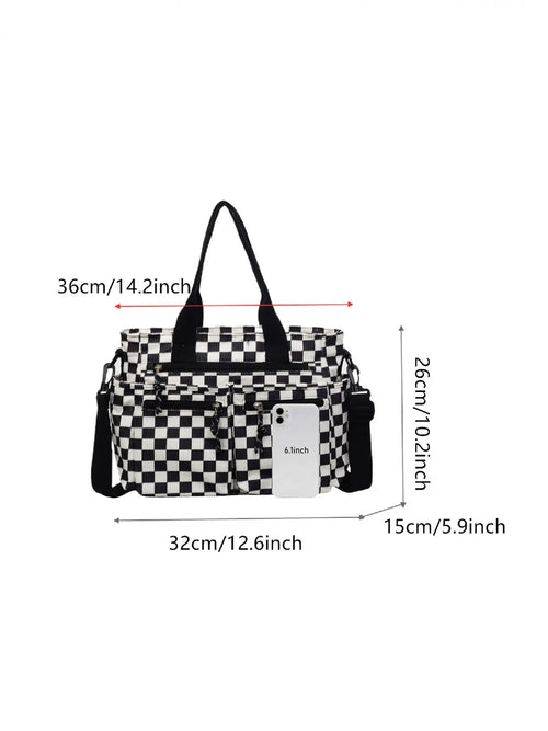 Checkered Corduroy Large Capacity Multi-pocket Crossbody Bag, Fashionable Patterned Bag, Casual Handbags, Casual Commuter Bag for Work and Daily Use, Lightweight Tote Bag