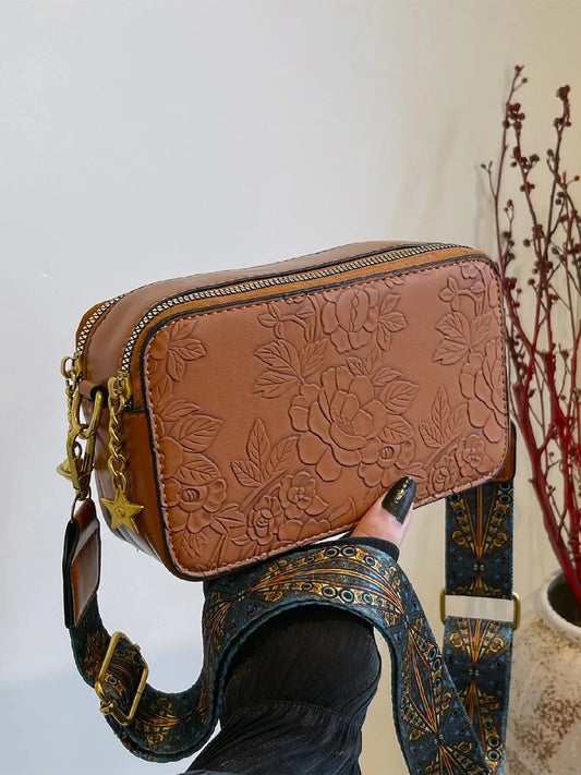 Women's Fashion Retro Floral Embossed Satchel Crossbody Bag, Elegant Commuter Bag, Casual Pu Leather Star Decor Zipper Shoulder Bag, Trendy Versatile High-quality Daily Commuting Bag, Casual Crossbody Bags