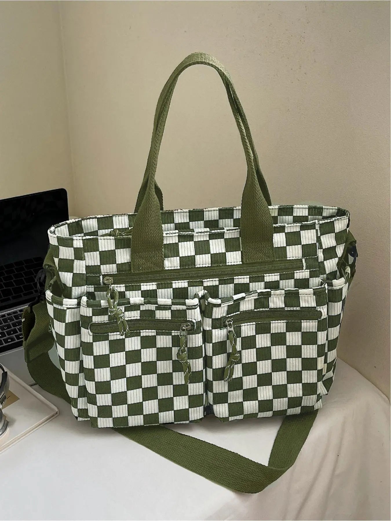 Checkered Corduroy Large Capacity Multi-pocket Crossbody Bag, Fashionable Patterned Bag, Casual Handbags, Casual Commuter Bag for Work and Daily Use, Lightweight Tote Bag