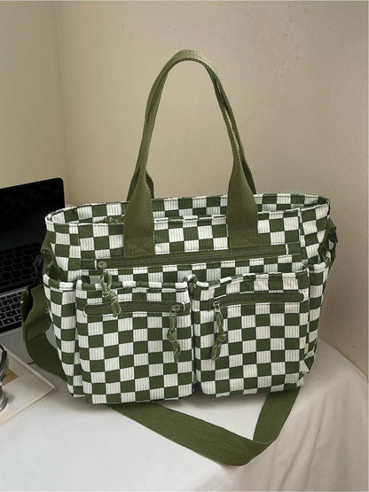 Checkered Corduroy Large Capacity Multi-pocket Crossbody Bag, Fashionable Patterned Bag, Casual Handbags, Casual Commuter Bag for Work and Daily Use, Lightweight Tote Bag