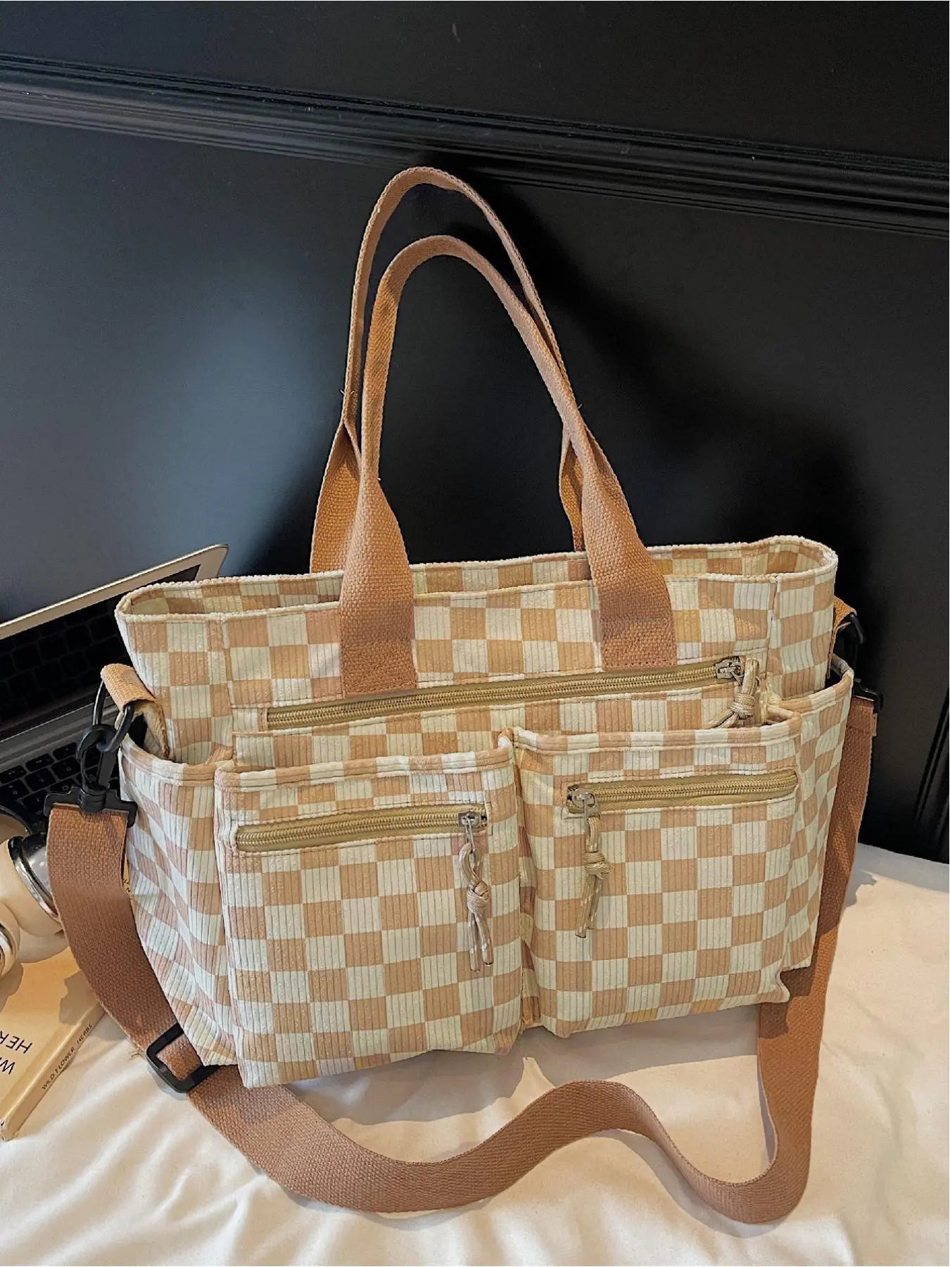 Checkered Corduroy Large Capacity Multi-pocket Crossbody Bag, Fashionable Patterned Bag, Casual Handbags, Casual Commuter Bag for Work and Daily Use, Lightweight Tote Bag
