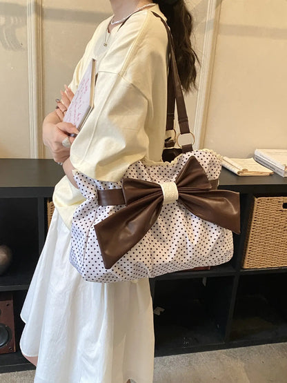 Trendy Fashion Large Capacity Polka Dot Bag with Bow Decor, Fashionable Patterned Bag, Handheld Shoulder Bag, Handbag Shoulder Purse, Stylish Women’s Accessory, PU Leather Bag Perfect for Daily Use