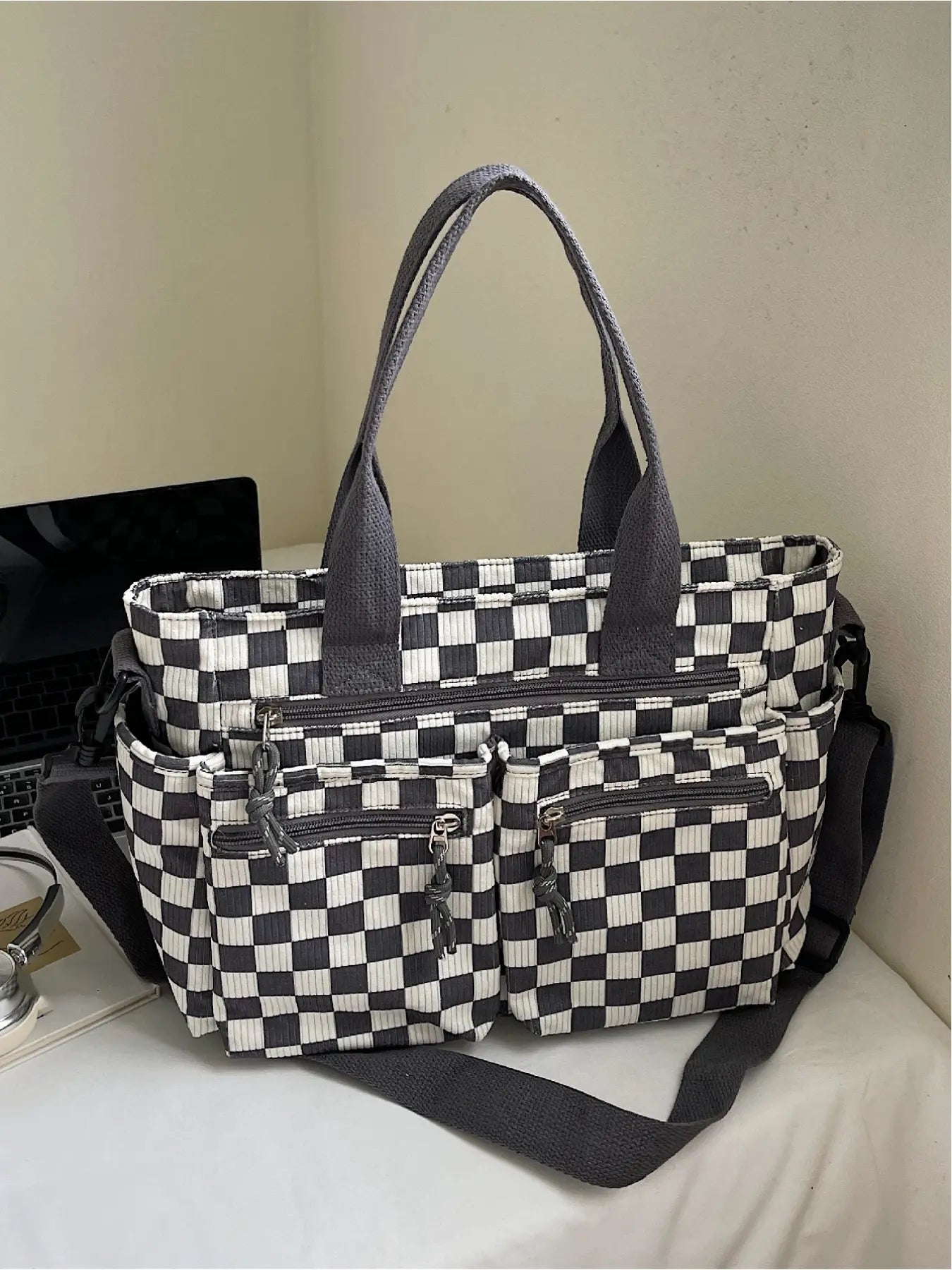 Checkered Corduroy Large Capacity Multi-pocket Crossbody Bag, Fashionable Patterned Bag, Casual Handbags, Casual Commuter Bag for Work and Daily Use, Lightweight Tote Bag