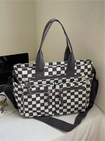 Checkered Corduroy Large Capacity Multi-pocket Crossbody Bag, Fashionable Patterned Bag, Casual Handbags, Casual Commuter Bag for Work and Daily Use, Lightweight Tote Bag