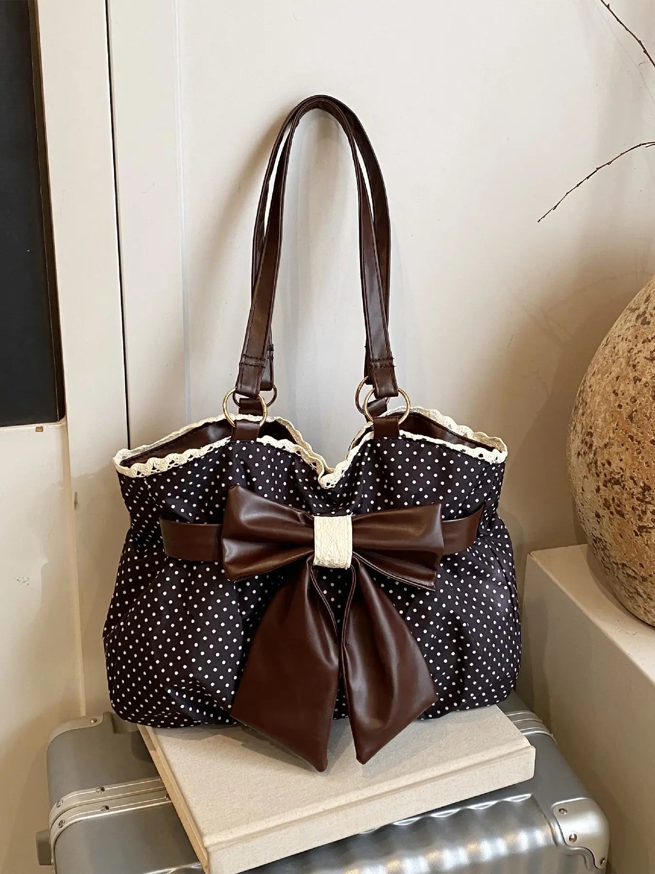 Trendy Fashion Large Capacity Polka Dot Bag with Bow Decor, Fashionable Patterned Bag, Handheld Shoulder Bag, Handbag Shoulder Purse, Stylish Women’s Accessory, PU Leather Bag Perfect for Daily Use