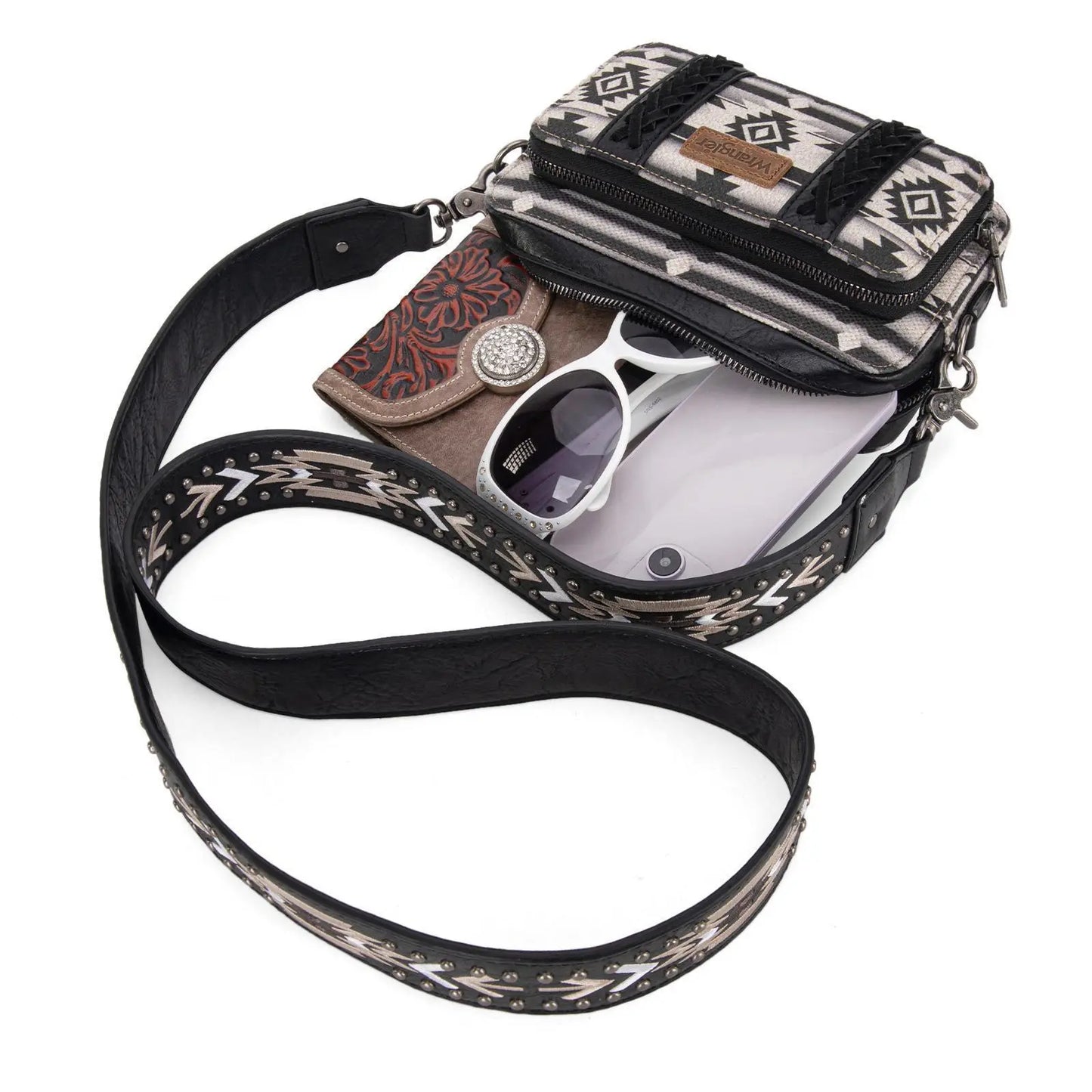 Wrangler Crossbody Bag for Women Boho Aztec Small Multi Pocket Crossover Purse