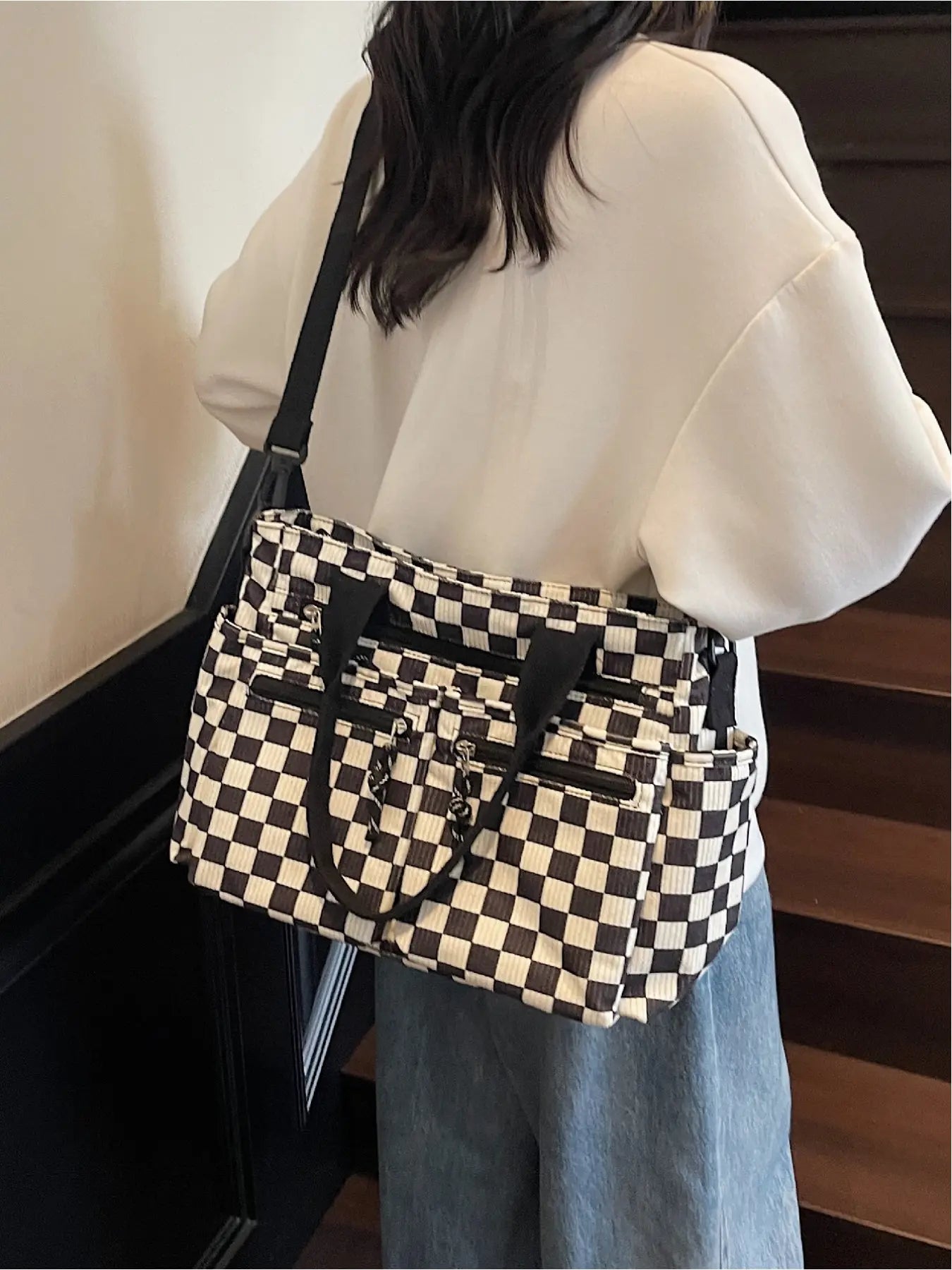 Checkered Corduroy Large Capacity Multi-pocket Crossbody Bag, Fashionable Patterned Bag, Casual Handbags, Casual Commuter Bag for Work and Daily Use, Lightweight Tote Bag