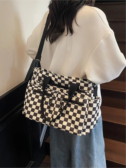 Checkered Corduroy Large Capacity Multi-pocket Crossbody Bag, Fashionable Patterned Bag, Casual Handbags, Casual Commuter Bag for Work and Daily Use, Lightweight Tote Bag
