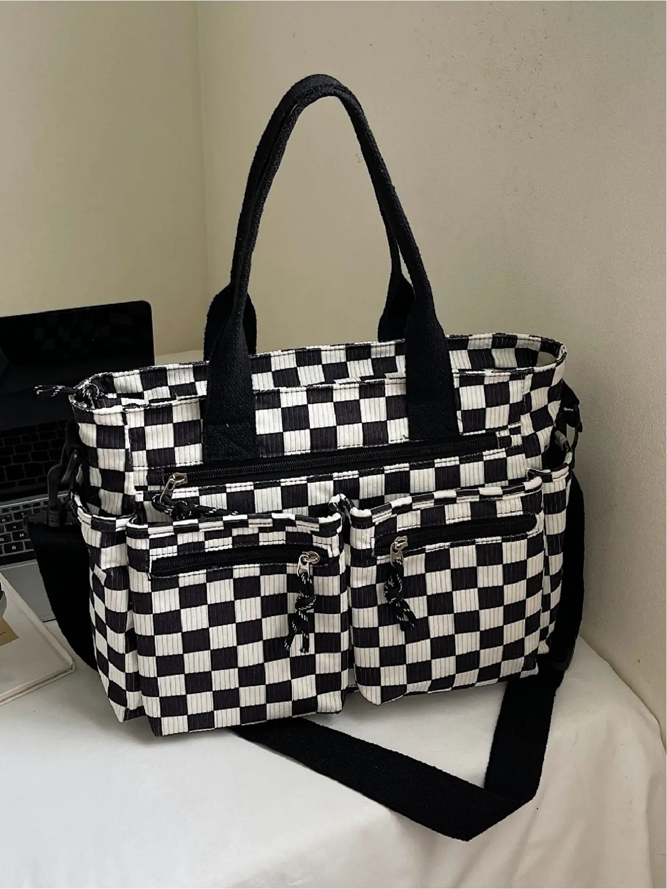 Checkered Corduroy Large Capacity Multi-pocket Crossbody Bag, Fashionable Patterned Bag, Casual Handbags, Casual Commuter Bag for Work and Daily Use, Lightweight Tote Bag