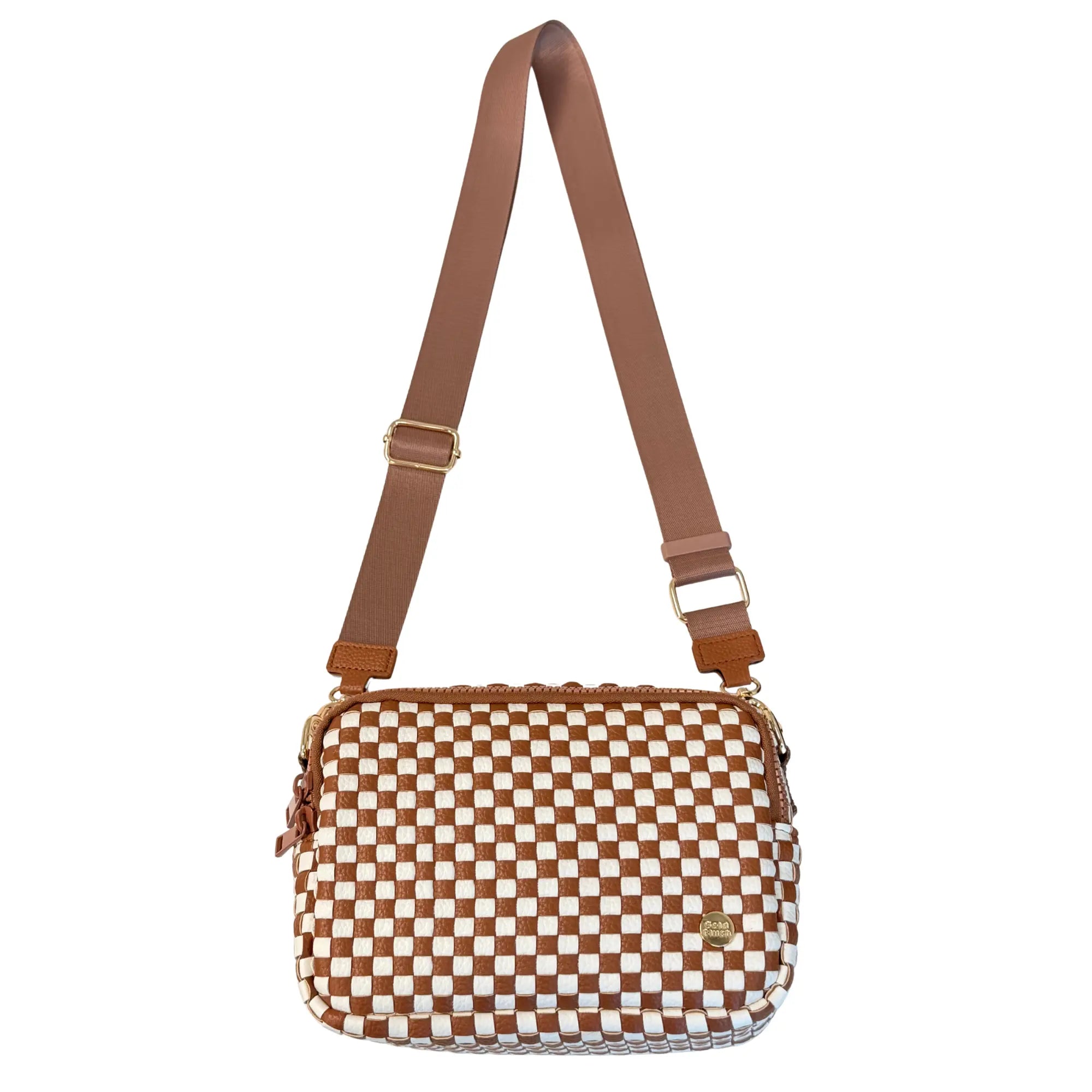 Gold Blush Iconic Woven Bestie Bag- Full RFID Protection + Luxe Vegan Leather 60" Adjustable Strap spacious design