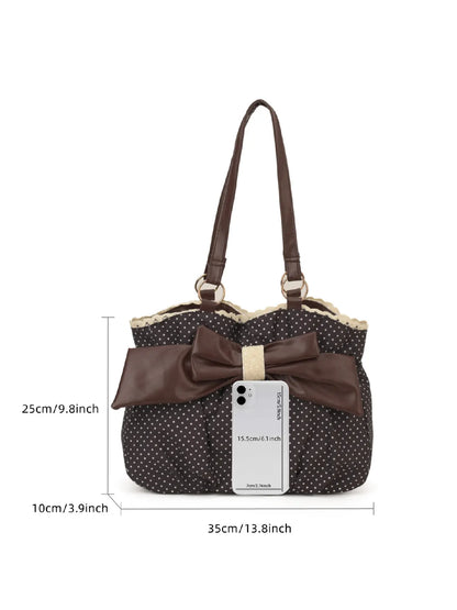 Trendy Fashion Large Capacity Polka Dot Bag with Bow Decor, Fashionable Patterned Bag, Handheld Shoulder Bag, Handbag Shoulder Purse, Stylish Women’s Accessory, PU Leather Bag Perfect for Daily Use