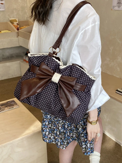 Trendy Fashion Large Capacity Polka Dot Bag with Bow Decor, Fashionable Patterned Bag, Handheld Shoulder Bag, Handbag Shoulder Purse, Stylish Women’s Accessory, PU Leather Bag Perfect for Daily Use