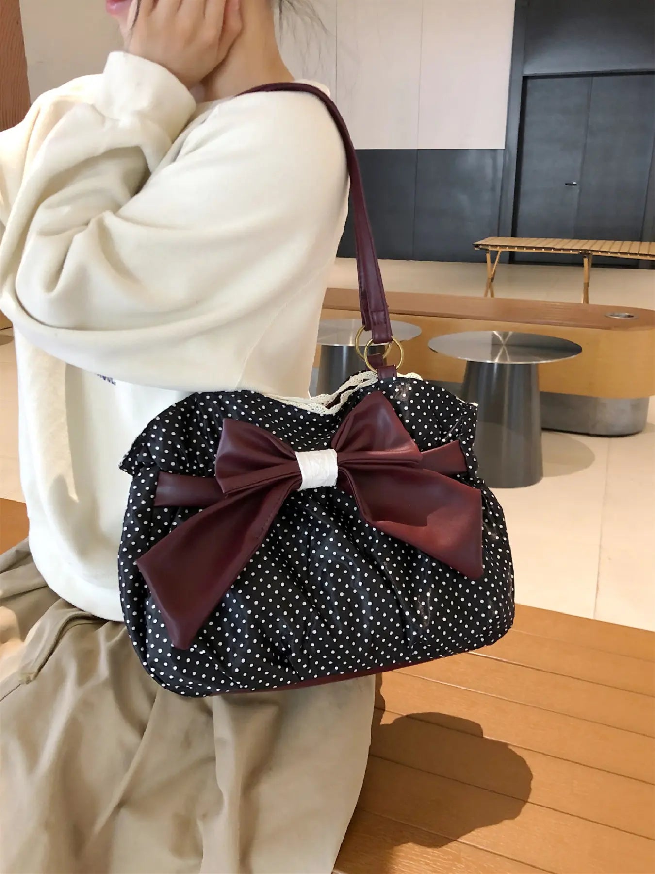 Trendy Fashion Large Capacity Polka Dot Bag with Bow Decor, Fashionable Patterned Bag, Handheld Shoulder Bag, Handbag Shoulder Purse, Stylish Women’s Accessory, PU Leather Bag Perfect for Daily Use