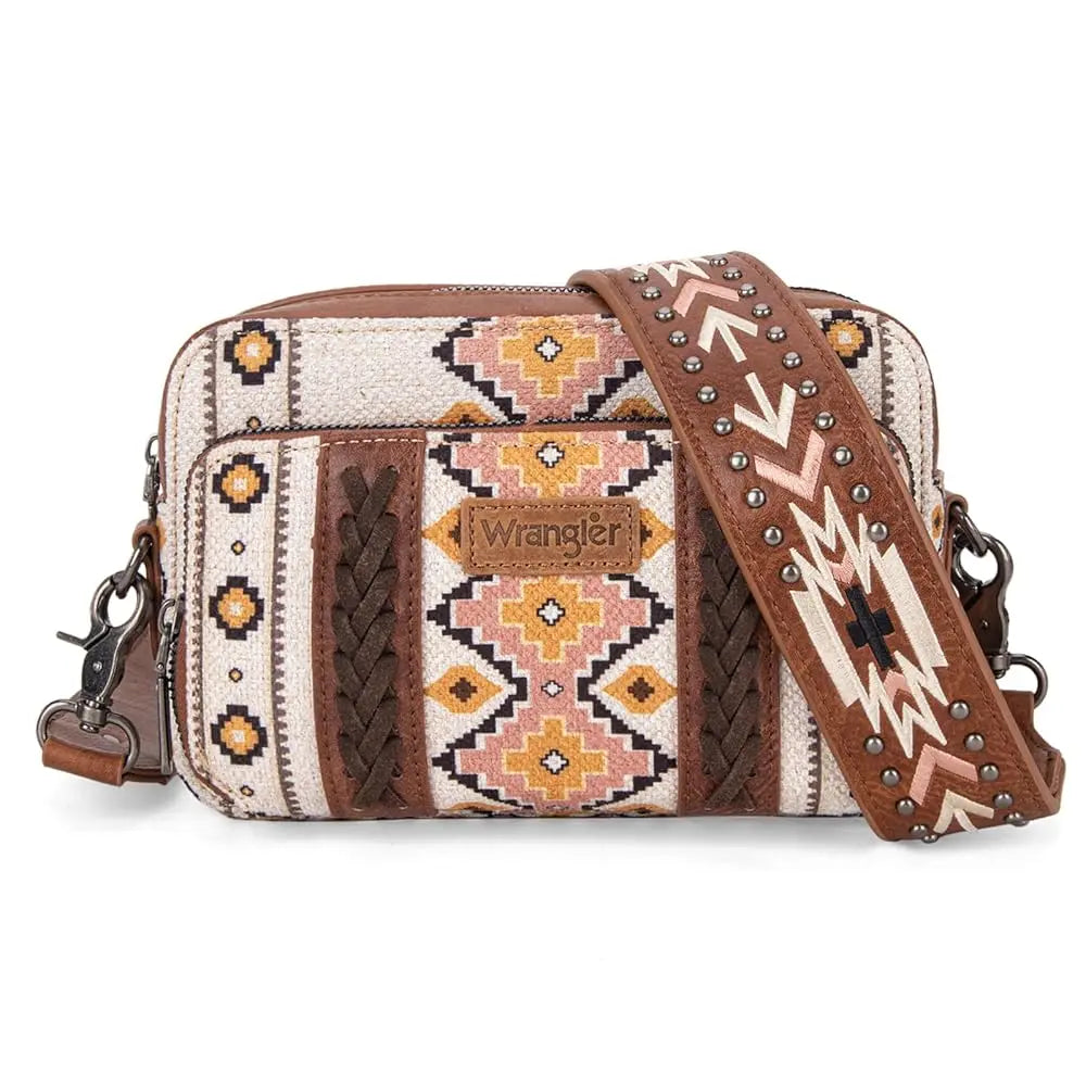 Wrangler Crossbody Bag for Women Boho Aztec Small Multi Pocket Crossover Purse