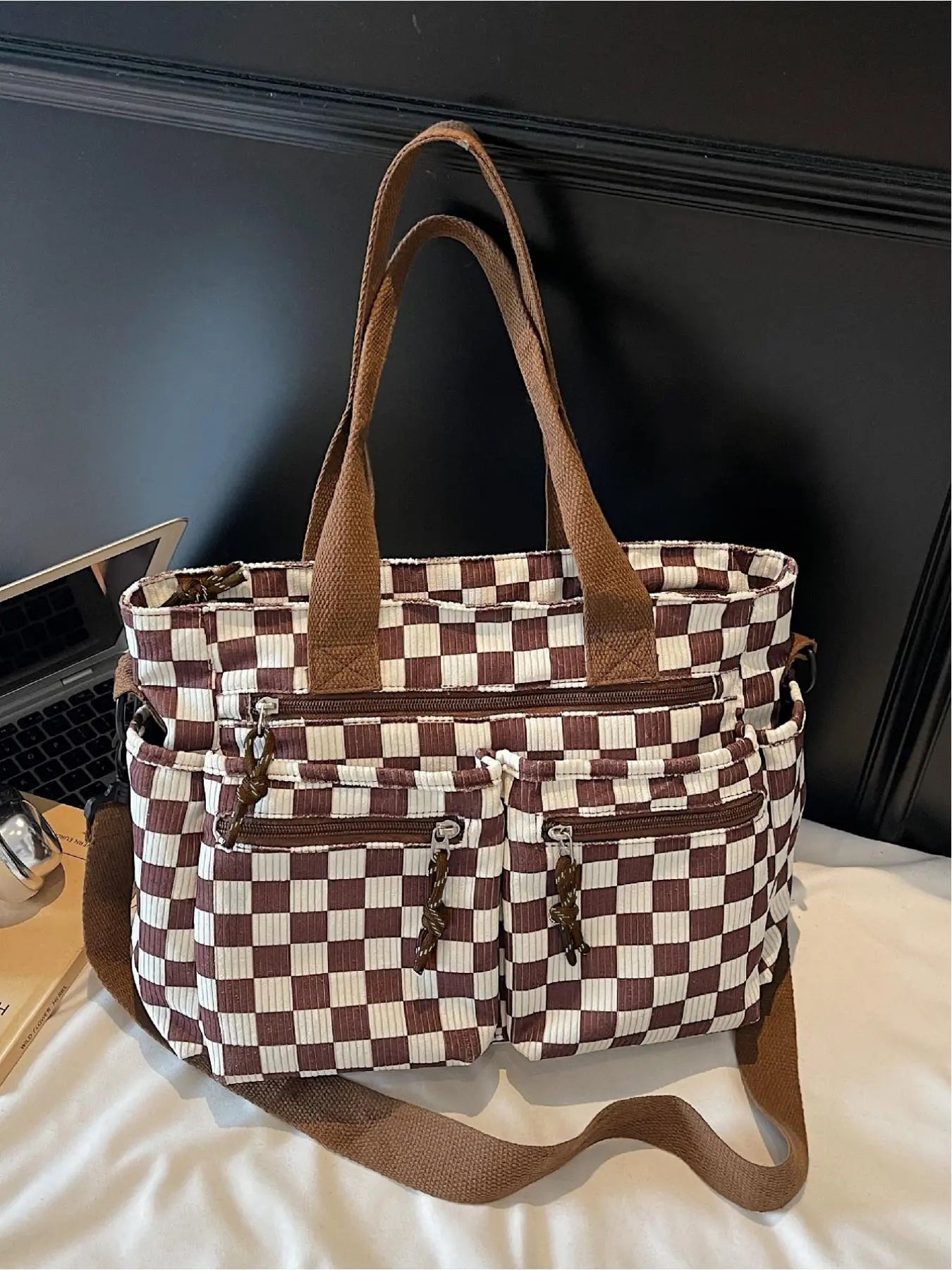 Checkered Corduroy Large Capacity Multi-pocket Crossbody Bag, Fashionable Patterned Bag, Casual Handbags, Casual Commuter Bag for Work and Daily Use, Lightweight Tote Bag