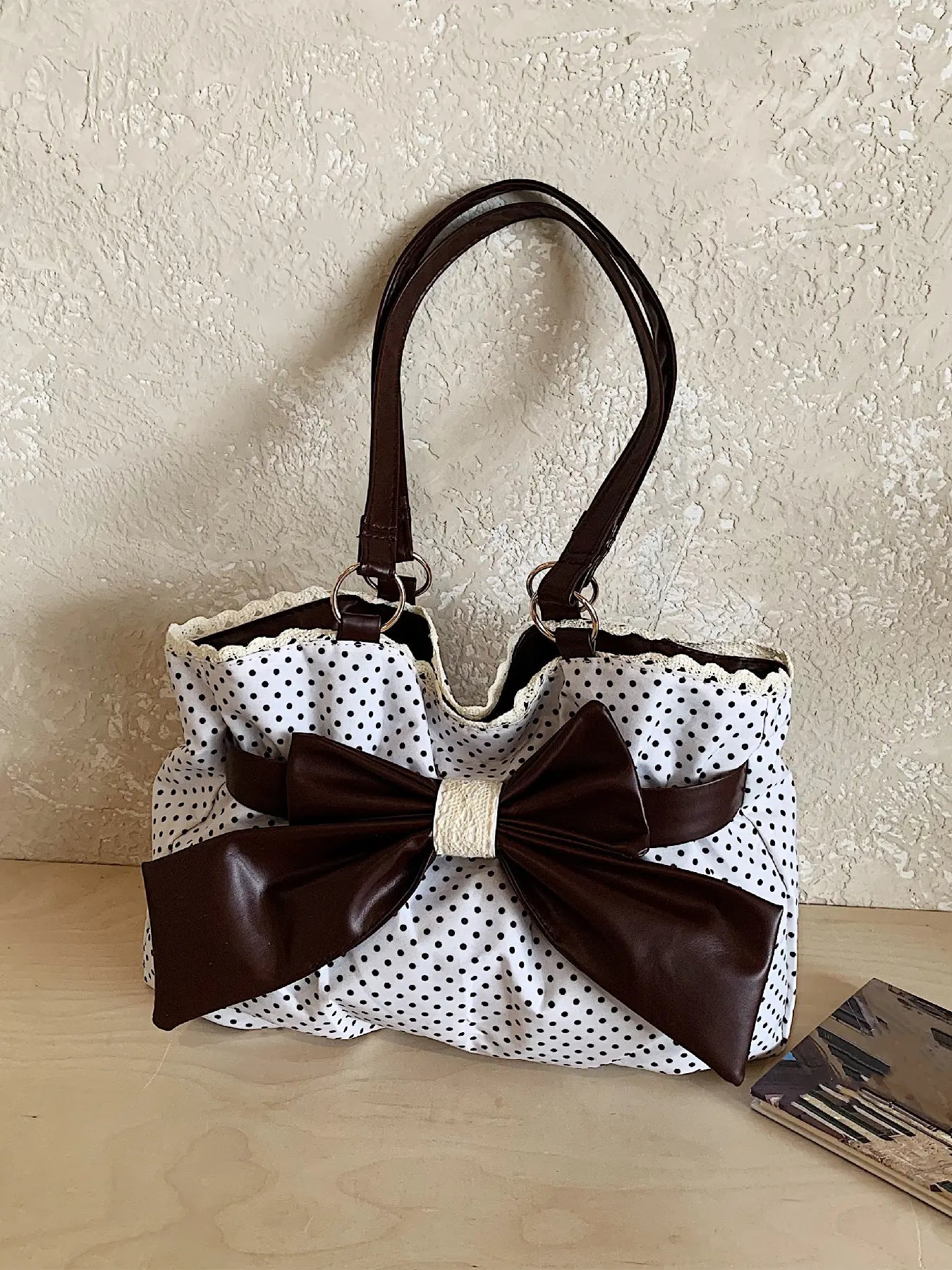 Trendy Fashion Large Capacity Polka Dot Bag with Bow Decor, Fashionable Patterned Bag, Handheld Shoulder Bag, Handbag Shoulder Purse, Stylish Women’s Accessory, PU Leather Bag Perfect for Daily Use